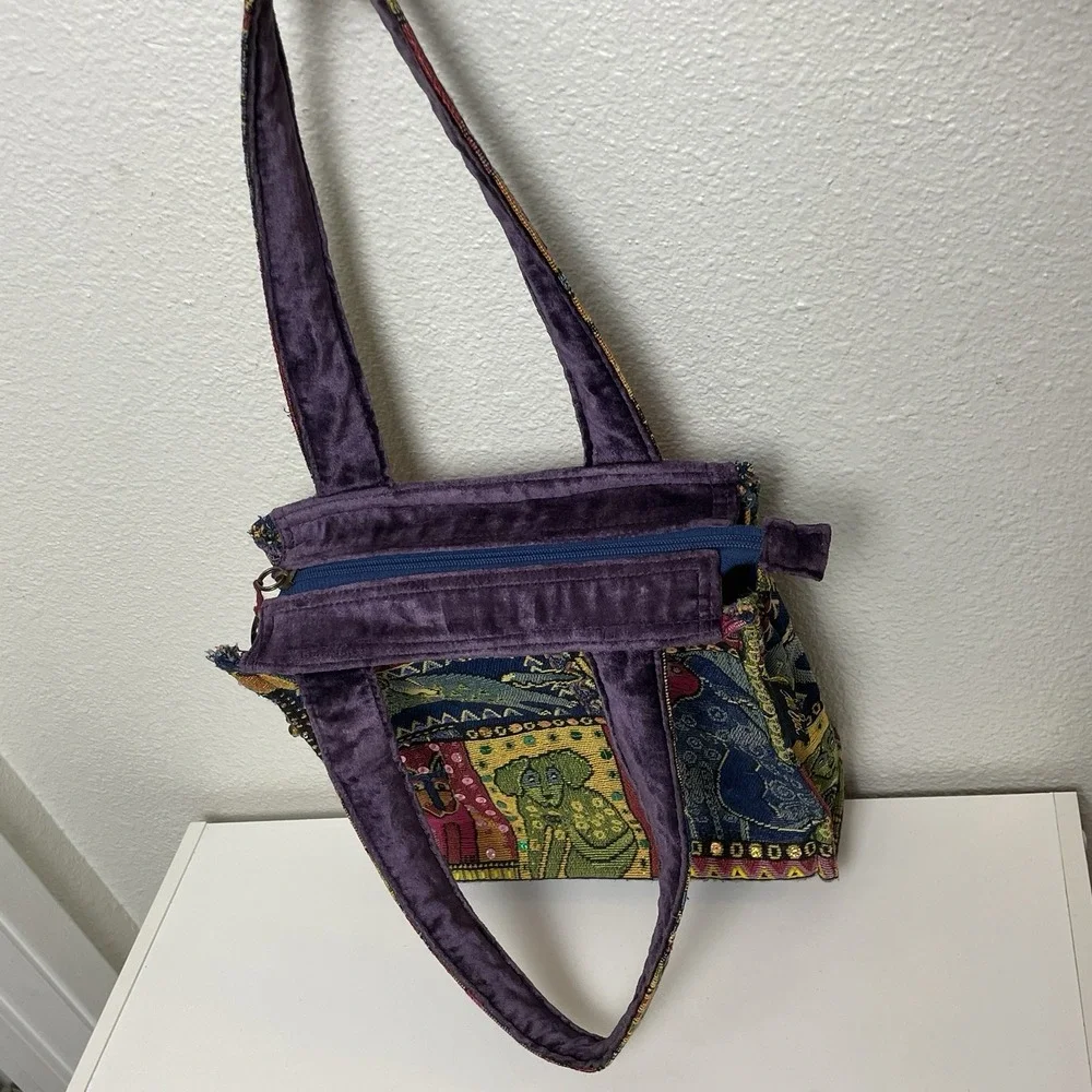 Laurel Burch Tapestry Cats Dogs Sequins Shoulder Bag‎ Purse Tote